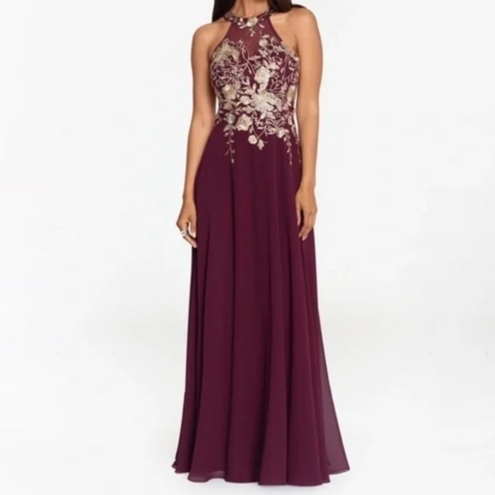 Betsy & Adam - "Celeste" Long Embroidered Chiffon Gown.